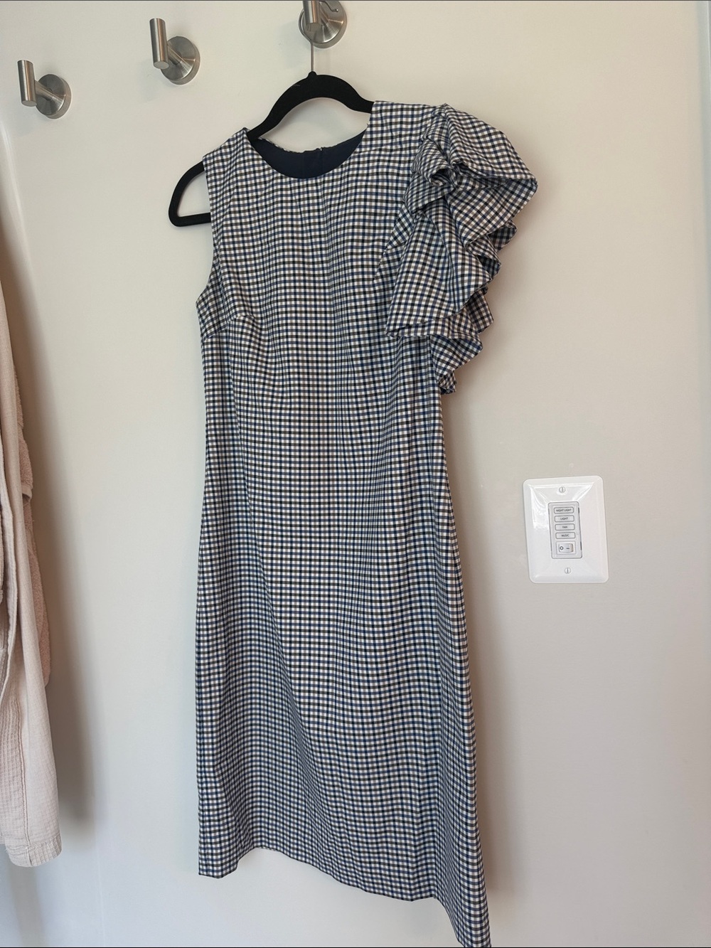 Banana Republic Navy and White Gingham One-Shoulder Ruffle Midi Dress